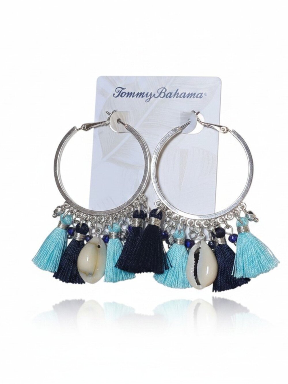 Tommy Bahama Women's Silver Plated Blue Seashell Tassel Hoop Earrings NWT